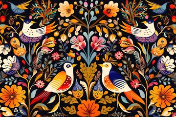  a painting of two birds sitting on a branch surrounded by flowers and leaves on a black background with red, orange, yellow, and blue colors.  generative ai