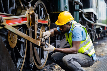 Wall Mural - African engineer inspecting train wheels in train maintenance, safety first, factory inspection, railway engineer