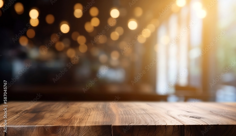 Abstract Blurred Cafe Background: Empty Wooden Table Top with Bokeh and ...