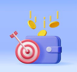 Aufkleber - 3D Wallet with Coins and Target with Arrow Isolated. Render Dartboard with Arrow and Money. Business or Finance Target Concept. Targeting Audience. Achievement and Success. Vector Illustration