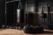  a gym with a punching bag, punching bag, punching bag, and punching gloves on the floor of the gym area, with a black wall and wooden floor.  generative ai