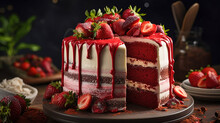 Red Velvet Cake With Fresh Strawberries. Generative Ai