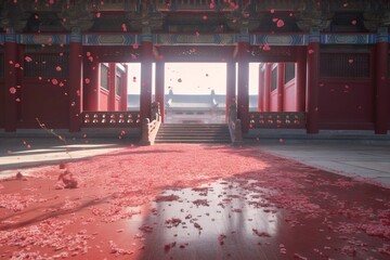 Wall Mural -  a couple of people that are standing in front of a red building with petals on the ground and petals falling off the ground in front of them.  generative ai