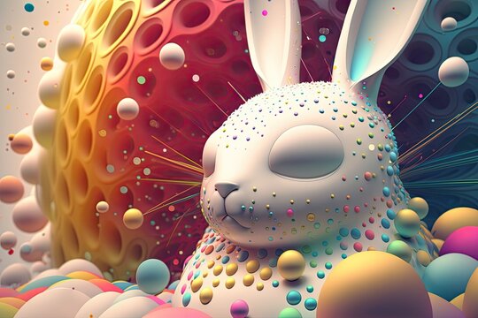 fantasy abstarct design amazing 3d Easter bunny and ornated painted rainbow colourd egg on white background. Happy Easter magical,generative ai.