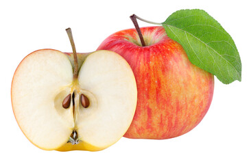 Wall Mural - Red yellow apple with green leaf and half isolated on transparent background