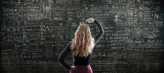 pensive woman with mathematical formulas