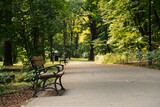 Fototapeta Krajobraz - Gorlice, ławka w parku miejskim. 