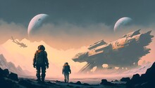 sci-fi concept of astronauts walking to derelict spaceship on alien planet, illustration painting, Generative AI
