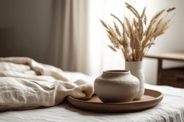 Canvas Print - Contemporary white ceramic vase with dried Lagurus ovatus grass and marble tray on old wooden seat, table. Blurred linen blanket. Nordic interior. Copy space, blank wall. Generative AI