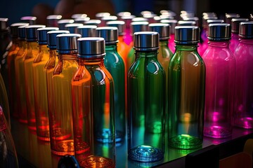 Poster - Vibrant Display of Glass Bottles on a Tabl. Generative AI