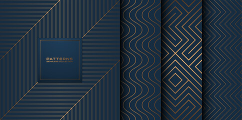 Collection of seamless geometric golden blue minimalistic patterns. Simple vector graphic navy blue color print background. Gold line abstract texture set. Stylish trellis geometry web page fill