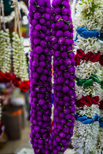 Garlands Of Purple Flowers In Little India, Singapore