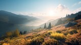 Fototapeta Natura - Breathtaking panorama of morning wild nature high in mountains, generative ai