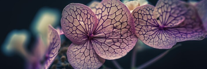 Wall Mural - bokeh background and hydrangea flower skeleton with veins and cells - macro photograph, generative ai