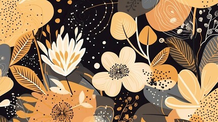 Wall Mural - Hand drawn cute artistic flowers with dots print. Modern botanical pattern. Fashionable, generative ai