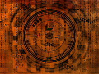 Aufkleber - Drawing modern electronic circuit and binary code on orange grungy background