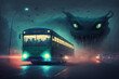 Horrible alien monster creature chasing a bus during a foggy night, nightmare scene with a monster trying to eat a bus. Generative AI illustration