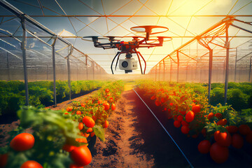 Poster - Futuristic tomato greenhouse with working robots. Generative AI, Generative, AI