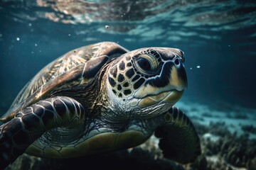 Poster - The sea turtle swims in the ocean. Closeup of a large green sea turtle. tropical coral reef wildlife. Tortoise in the ocean. tropical marine ecosystem. Blue water with a large turtle. Photo of an unde