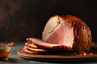 Traditional Sliced Honey Glazed Ham mockup close up, On grey black background. AI Generated.