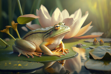 Close frog in summer pond with white water lily, AI Generative