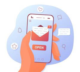 Poster - New email notification. Business correspondence on Internet, communication and interaction. Interface of program and application for smartphone. Unread message. Cartoon flat vector illustration
