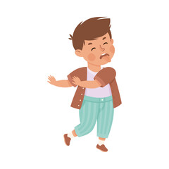 Poster - Little boy showing disgusted face expression. Cute boy dressed casual clothes gesturing cartoon vector illustration