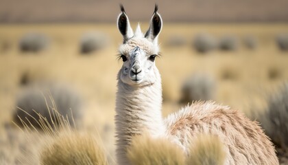 Wall Mural - a lama grazing on parched grass in close-up Generative AI