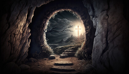 Wall Mural - Resurrection - light in an empty tomb with a crucifix at dawn. Generative AI,