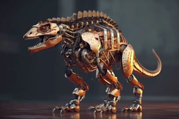 Poster - mechanical dinosaur sculpture on a table. generative ai
