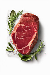 fresh raw beef steak, top view, isolated on white. Generative AI,