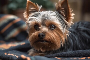 Canvas Print - A Yorkshire terrier grooms itself while lying on a blanket. Generative AI