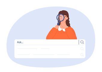 Poster - Woman in search bar. Young girl with magnifying glass near search bar. Searching for information on Internet. Finding, information service. Cartoon flat vector illustration