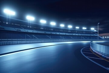 Wall Mural - 3D realistic the sports stadium for racing car is illuminated with floodlights. Featuring a steel gate, an empty pole position and a racetrack finish line. Generative AI