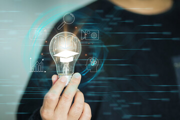 Fototapete - Concept of Online education. man use Online education training and e-learning webinar on internet for personal development and professional qualifications. Digital courses to develop new skills.