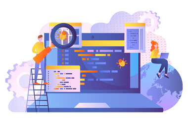 Poster - code verification concept. man and woman with laptop evaluate lines of code, develop programs and ap