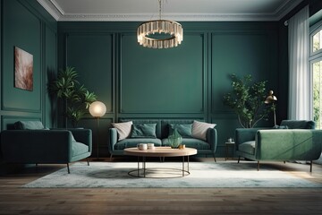 Poster - Green interior with couches and furnishings. illustration mockup. Generative AI
