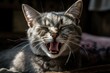 The sleepily yawning gray cat with long, sharp teeth yawns. Generative AI
