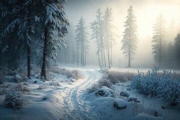 Wall Mural - Beautiful and ethereal czech scenery in the early morning fog on a cold winter morning in the forest Generative AI