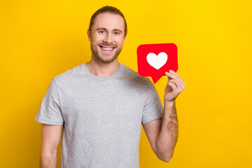 Sticker - Photo of funky charming man wear grey t-shirt holding heart like card isolated yellow color background