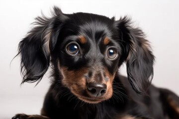 Wall Mural - a white background with a black dachshund puppy in a sausage pose. Generative AI