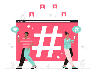 Poster - people near hashtag. man and woman with smartphones. promotion in social networks and messengers, in