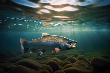 Wall Mural - Fish swimming under water, with landscape above the surface - AI Generated