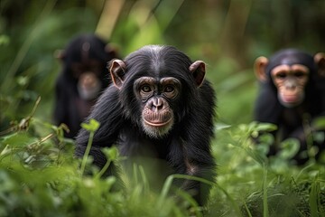 Sticker - Chimpanzees sprinting on a background of grass. Generative AI