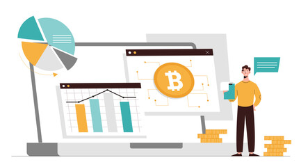 Poster - technologies fintech concept. man evaluates graphs and charts, analyzes bitcoin and cryptocurrency. 