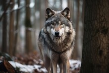 Canis Lupus, The Gray Wolf, Standing In A Forest. Generative AI