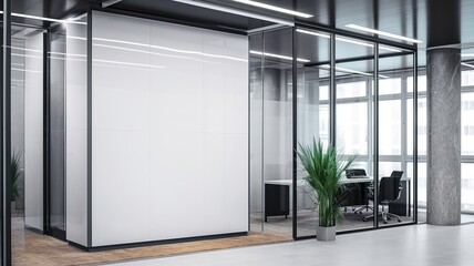 Wall Mural - corporate branding white blank frame mockup with modern business offices background - Generative AI