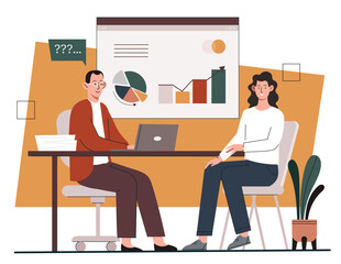 Poster - strategic consulting concept. man and woman sitting at table against background of graphs and diagra