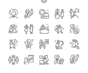 Poster - Business woman. Female leader. Meeting, communication. Successful woman. Pixel Perfect Vector Thin Line Icons. Simple Minimal Pictogram