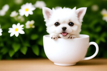 Cute White Puppy In A White Cup On The Table Against The Background Of A Flowering Flower Bed. AI Generative
